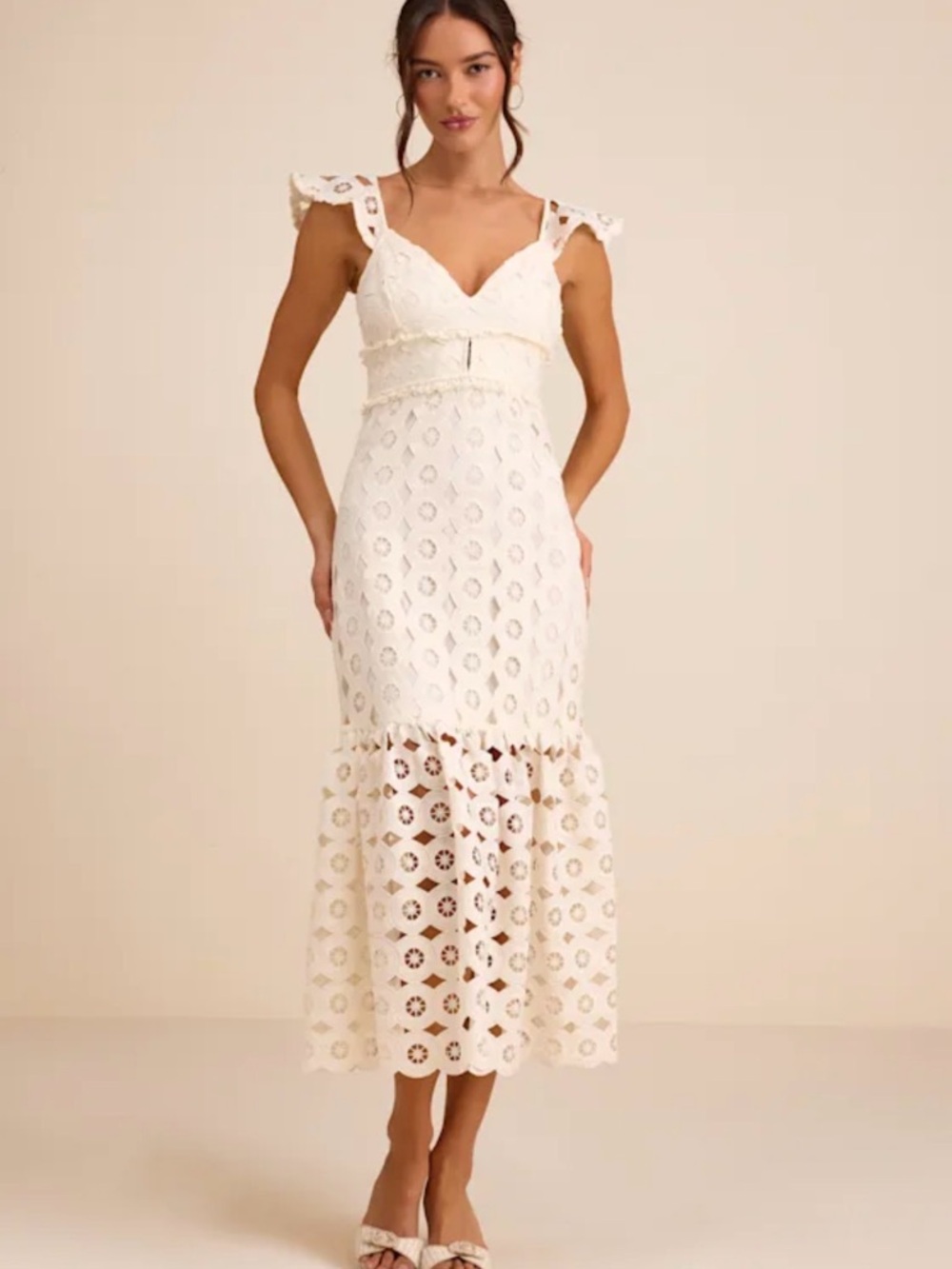 Lulus Adalyn Cream Crochet Lace Trumpet Midi Dress